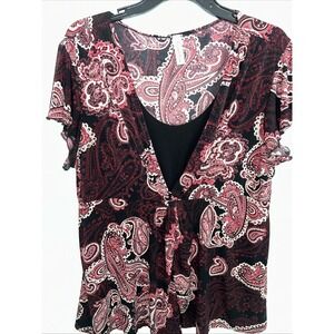 Per Seption Women 3X Plus Short Sleeve V-Neck Scoop Tie Front Black Red‎ Paisley